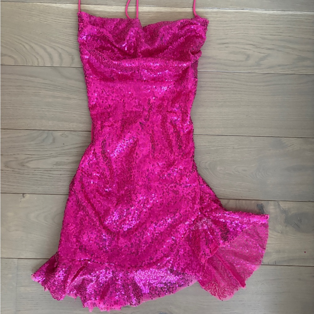Lucy in the Sky Sequin Ruffled Slit Dress in Pink (Size Small)